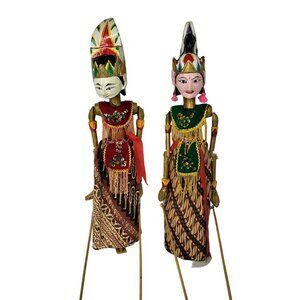 Vtg Wayang Golek Wooden Bali Puppet Pair Indonesia Asian Stick Marionette 23" wi